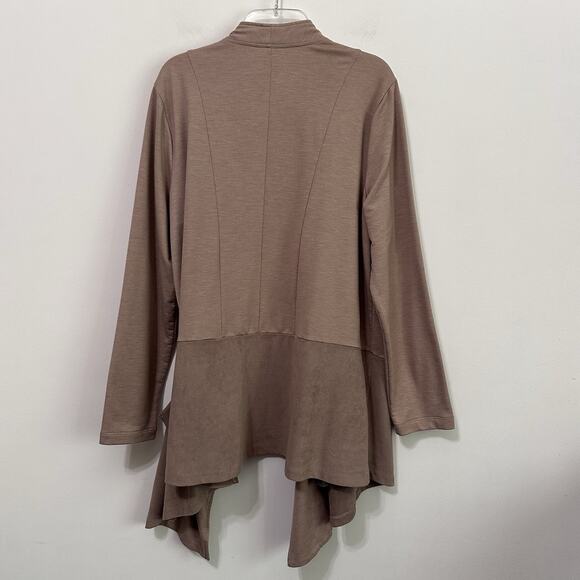 LOGO Lori Goldstein Taupe Waterfall Drape Cardigan 1X Plus Pockets Open Casual - Picture 9 of 10